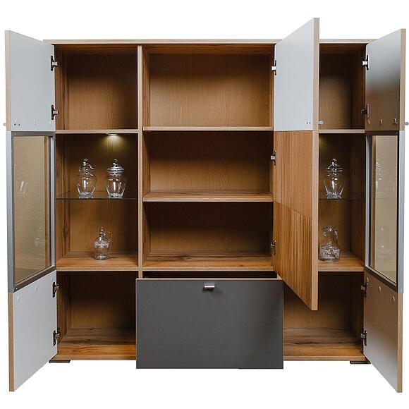 Шкаф с витриной «Гелиос» П550.02, Основной материал: ЛДСП+МДФ, Цвет: Дуб Вотан + серый (4J4A1187.jpg) Шкаф с витриной «Гелиос» П550.02, Основной материал: ЛДСП+МДФ, Цвет: Дуб Вотан + серый