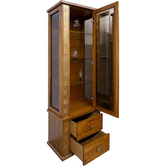 Шкаф с витриной «Тунис» П6.343.0.19 (П343.19-1Ш), Основной материал: массив дуба, Цвет: дуб рустикаль с золочением